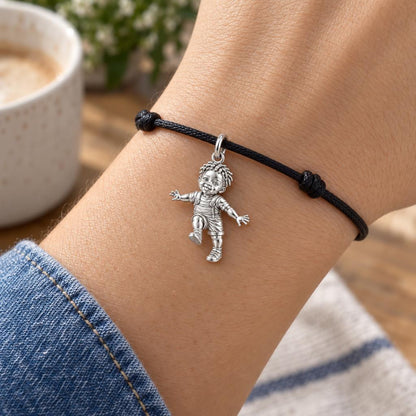 First Steps Baby Boy Charm Bracelet – Personalized Black Mom Gift – worn on the wrist on a black cord bracelet