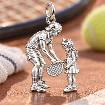 First Tennis Lesson Charm Bracelet – Personalized Dad Gift – macro detail of the charm