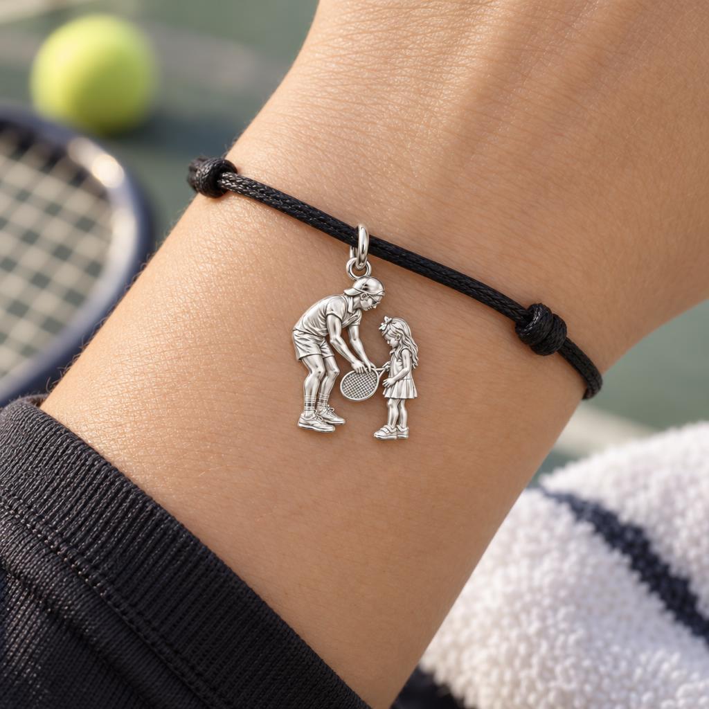 First Tennis Lesson Charm Bracelet – Personalized Dad Gift – worn on the wrist on a black cord bracelet
