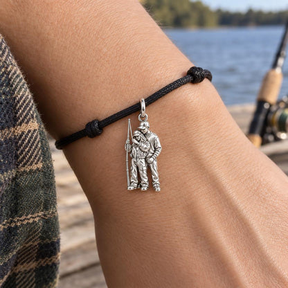 Fishing Together Charm Bracelet – Personalized Couple Gift – worn on the wrist on a black cord bracelet