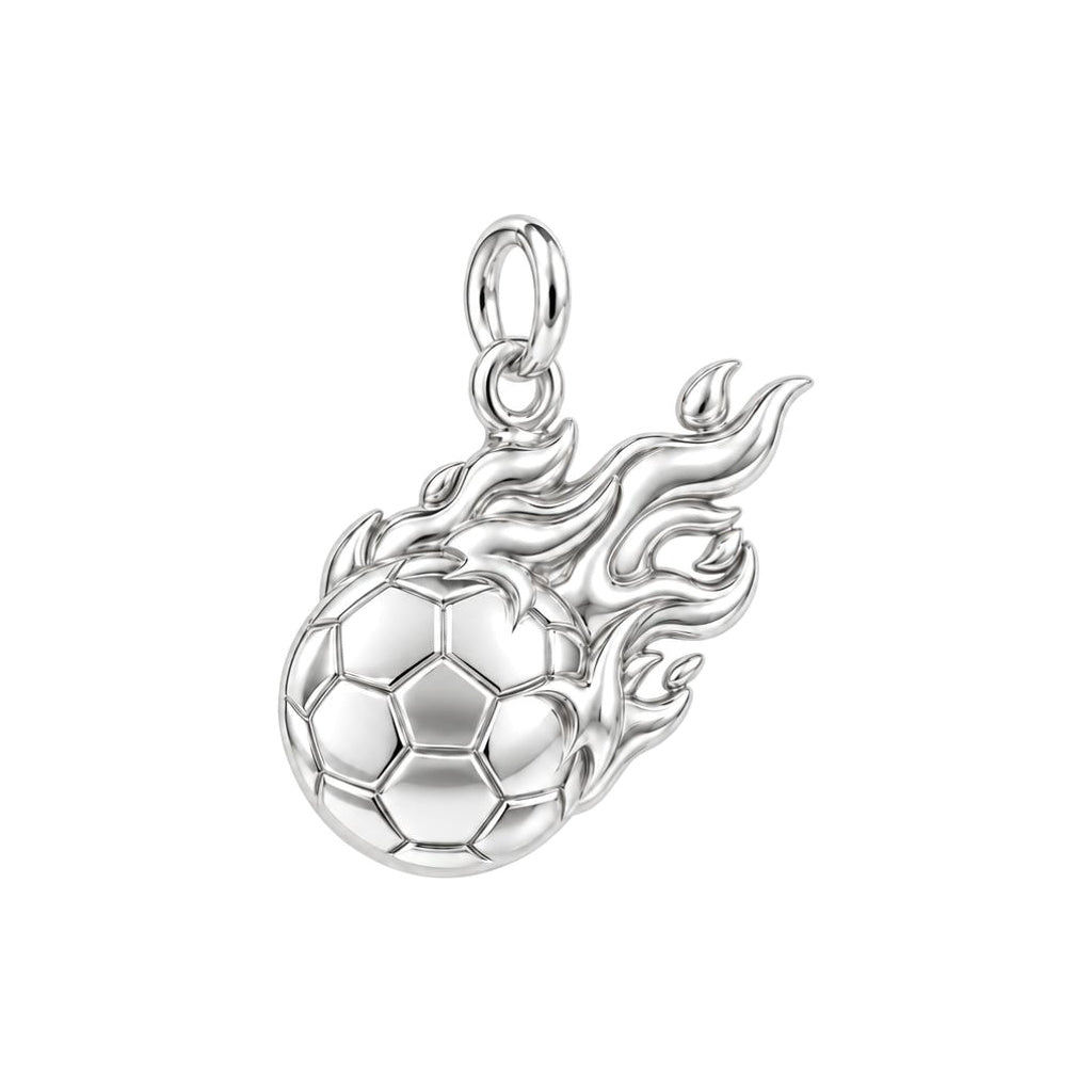 Flaming Soccer Ball Charm Bracelet – Personalized Athlete Gift – silver charm, front view