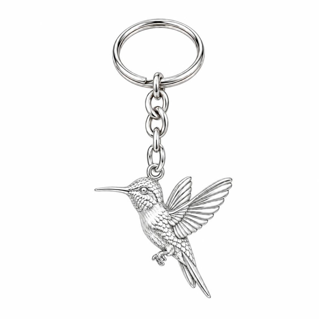 Flight of Grace Hummingbird Charm Keychain – silver, front view