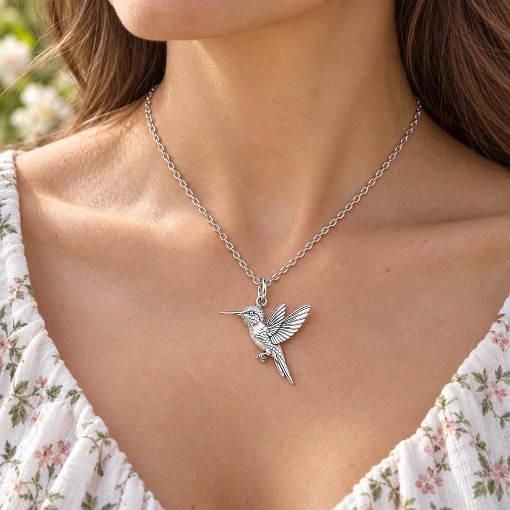 Flight of Grace Hummingbird Charm Necklace Set – worn / in use