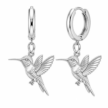 Flight of Grace Hummingbird Huggie Charm Earrings – silver, front view