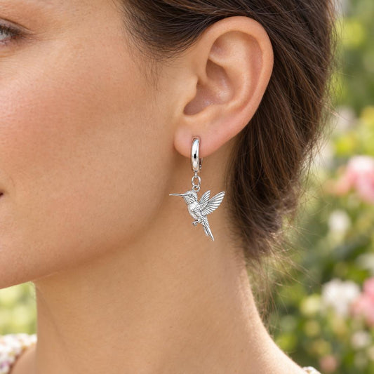 Flight of Grace Hummingbird Huggie Charm Earrings – worn / in use