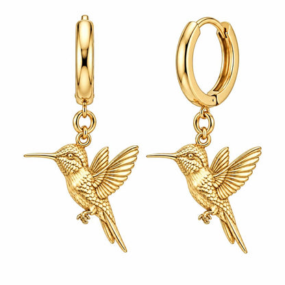 Flight of Grace Hummingbird Huggie Charm Earrings – 18K gold, front view