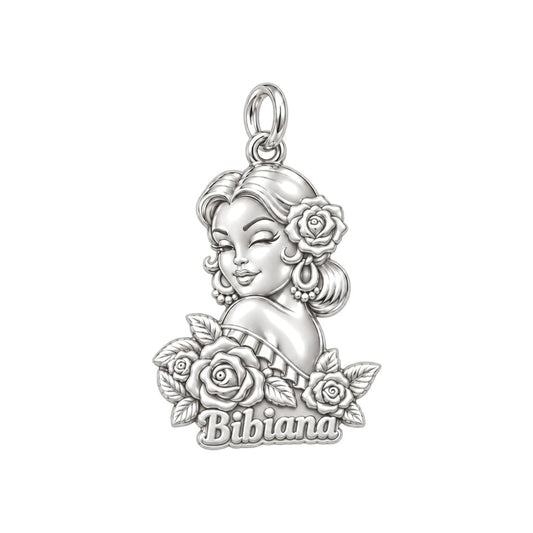 Floral Abuela Portrait Charm Bracelet – Personalized Abuela Gift – silver plated 2 cm charm, front view