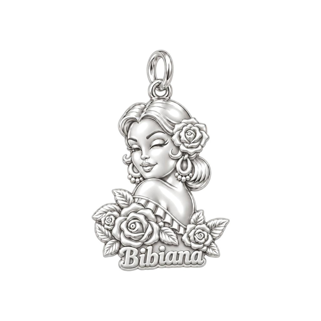 Floral Abuela Portrait Charm Bracelet – Personalized Abuela Gift – silver plated 3 cm charm, front view