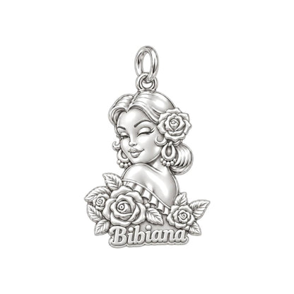 Floral Abuela Portrait Charm Bracelet – Personalized Abuela Gift – silver plated 3 cm charm, front view