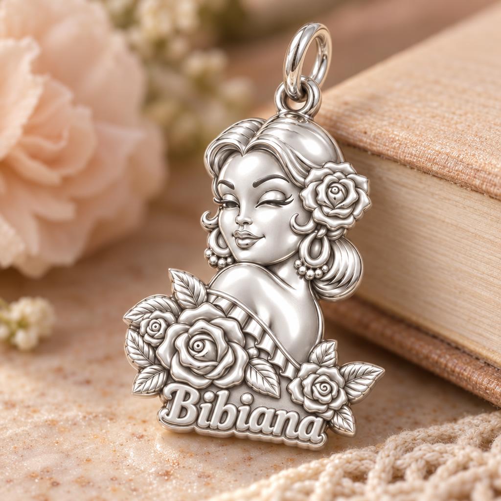 Floral Abuela Portrait Charm Bracelet – Personalized Abuela Gift – macro detail of the charm