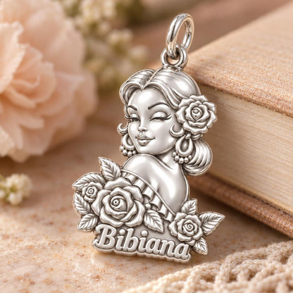 Floral Abuela Portrait Charm Bracelet – Personalized Abuela Gift – macro detail of the charm