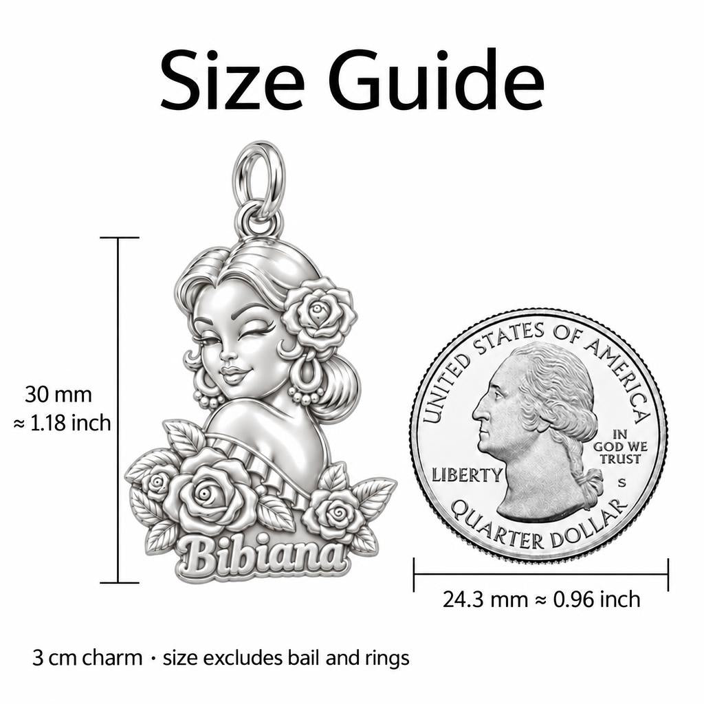 Floral Abuela Portrait Charm Bracelet – Personalized Abuela Gift – size guide, 3 cm charm next to a quarter