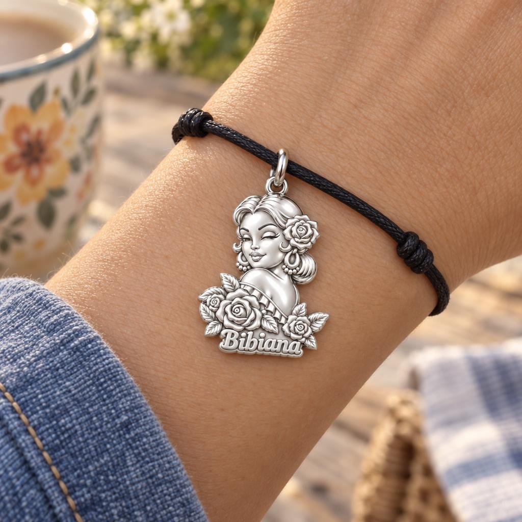 Floral Abuela Portrait Charm Bracelet – Personalized Abuela Gift – worn on the wrist on a black cord bracelet