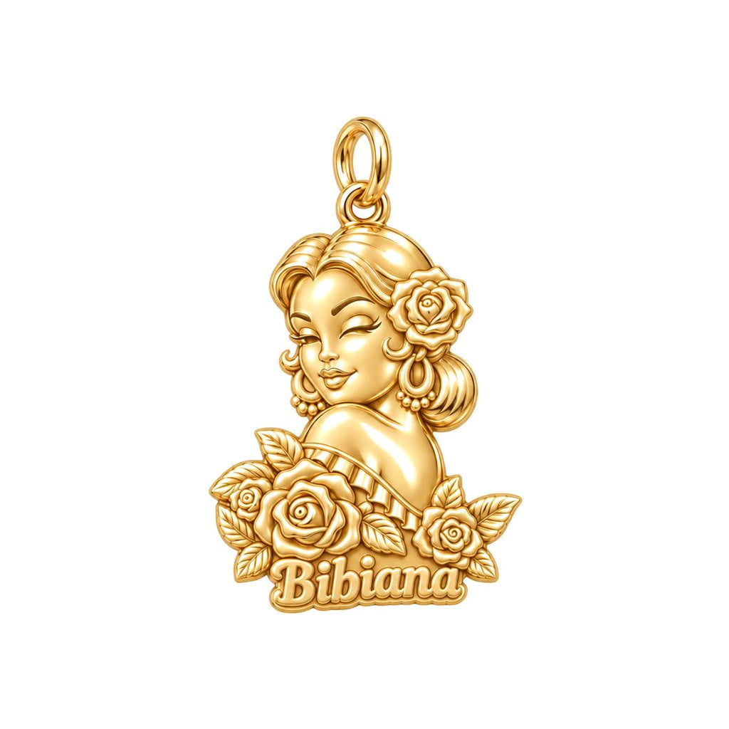 Floral Abuela Portrait Charm Bracelet – Personalized Abuela Gift – 18K gold plated 3 cm charm, front view