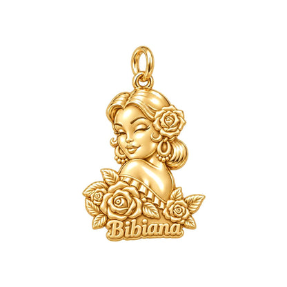 Floral Abuela Portrait Charm Bracelet – Personalized Abuela Gift – 18K gold plated 3 cm charm, front view