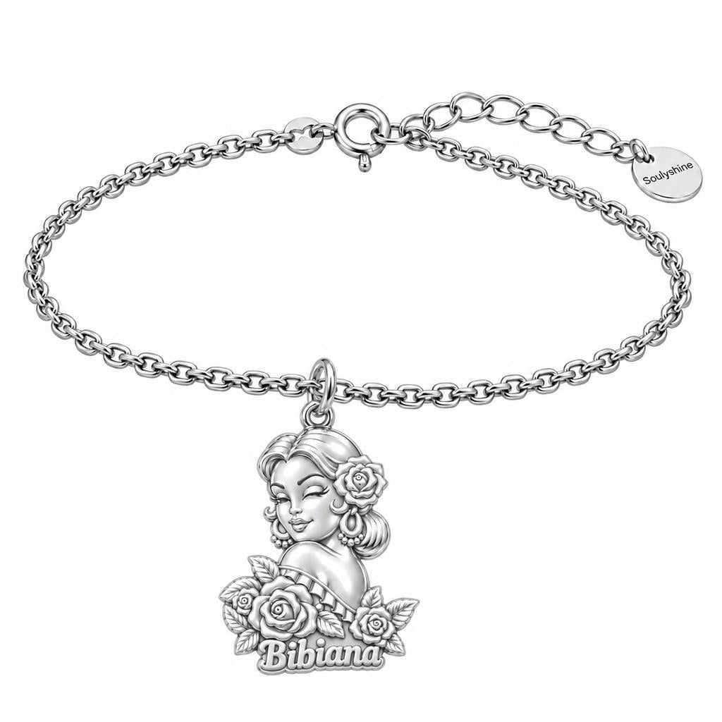 Floral Abuela Portrait Charm Bracelet Set – silver, front view