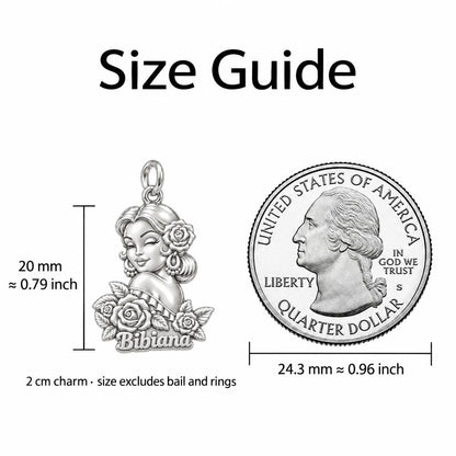 Floral Abuela Portrait Charm Bracelet Set – size guide, 13 mm charm next to a quarter