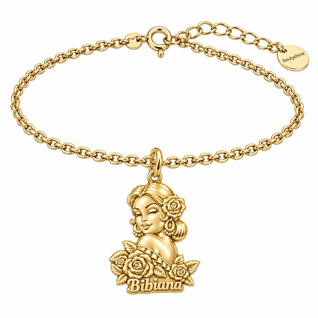 Floral Abuela Portrait Charm Bracelet Set – 18K gold, front view