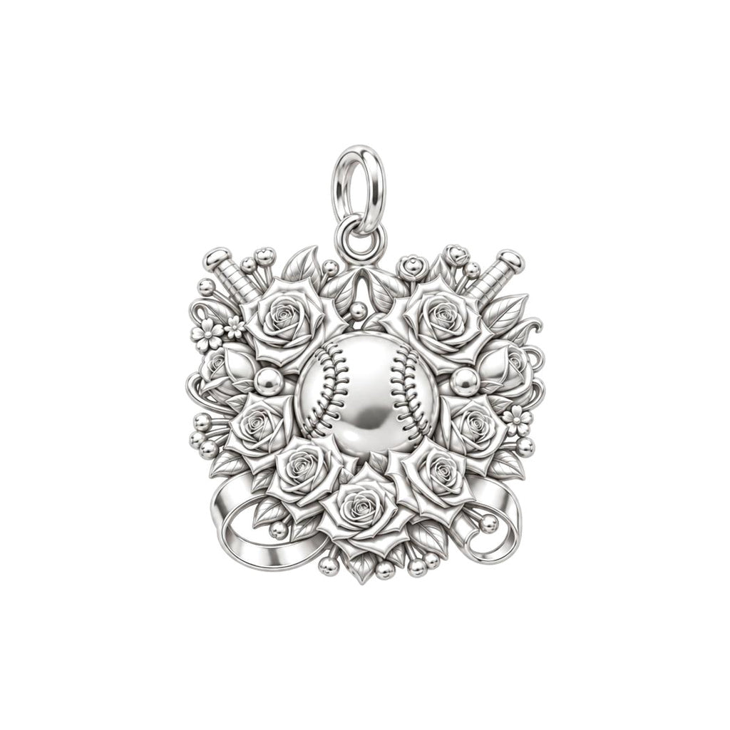 Floral Baseball Victory Charm Bracelet – Personalized Mom Gift – silver charm, front view
