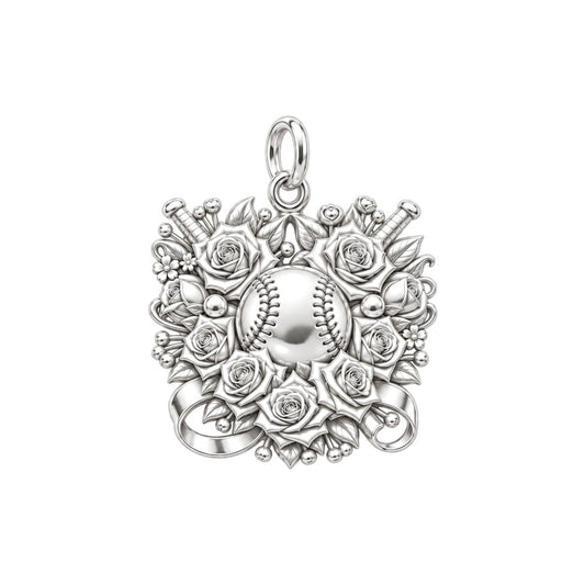 Floral Baseball Victory Charm Bracelet – Personalized Mom Gift – silver charm, front view