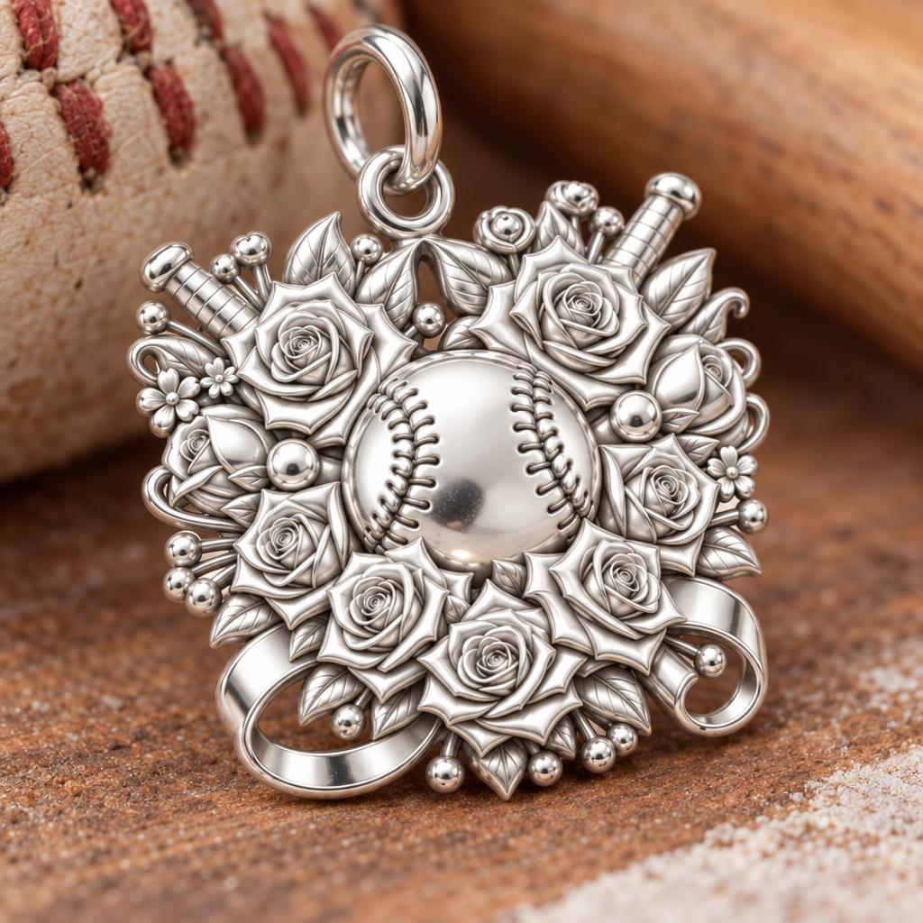 Floral Baseball Victory Charm Bracelet – Personalized Mom Gift – macro detail of the charm