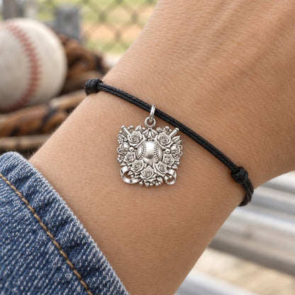 Floral Baseball Victory Charm Bracelet – Personalized Mom Gift – worn on the wrist on a black cord bracelet