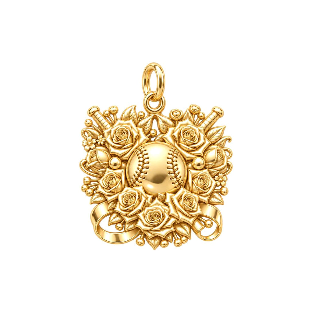 Floral Baseball Victory Charm Bracelet – Personalized Mom Gift – 18K gold charm, front view