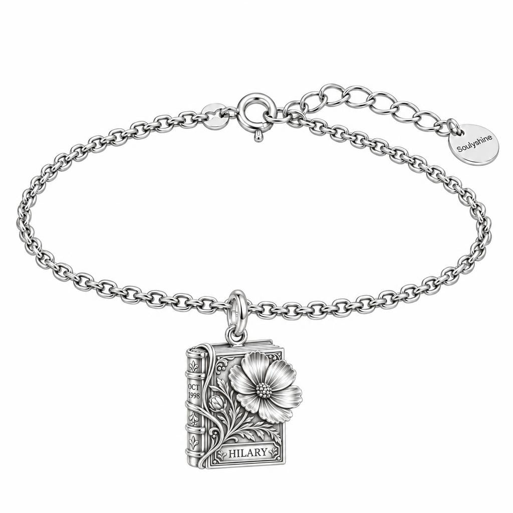 Floral Book Birthday 10 Charm Bracelet Set – silver, front view