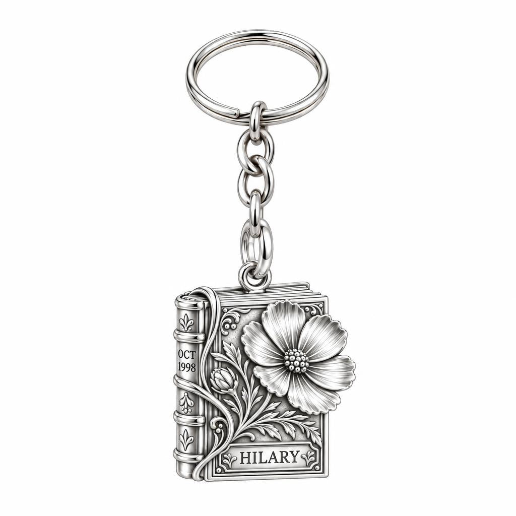 Floral Book Birthday 10 Charm Keychain – silver, front view