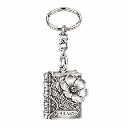Floral Book Birthday 10 Charm Keychain – silver, front view