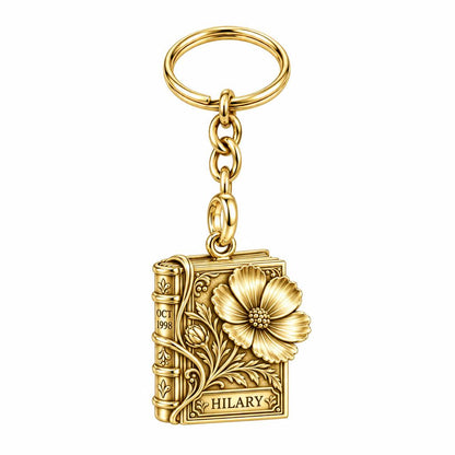 Floral Book Birthday 10 Charm Keychain – 18K gold, front view