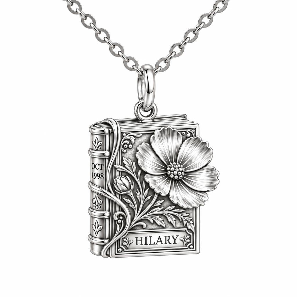 Floral Book Birthday 10 Charm Necklace Set – silver, front view