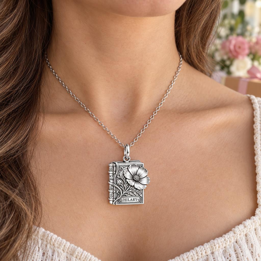 Floral Book Birthday 10 Charm Necklace Set – worn / in use