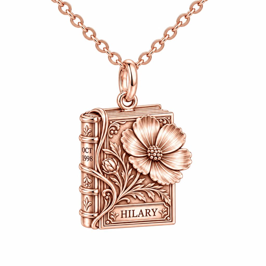 Floral Book Birthday 10 Charm Necklace Set – rose gold, front view