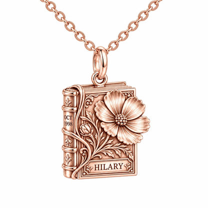 Floral Book Birthday 10 Charm Necklace Set – rose gold, front view