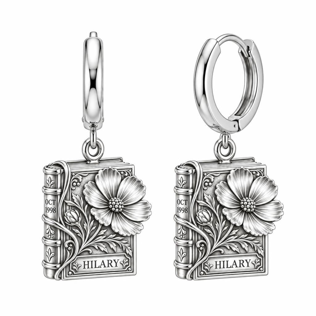Floral Book Birthday 10 Huggie Charm Earrings – silver, front view