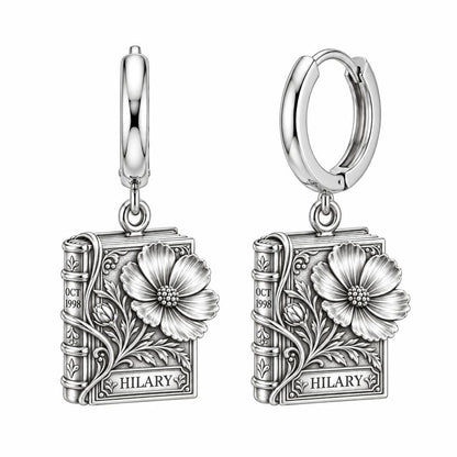 Floral Book Birthday 10 Huggie Charm Earrings – silver, front view