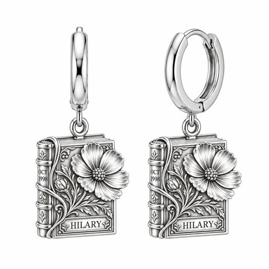 Floral Book Birthday 10 Huggie Charm Earrings – silver, front view