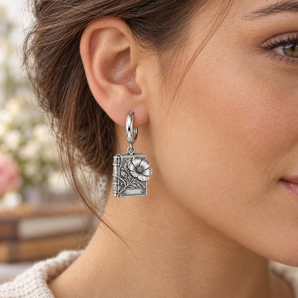 Floral Book Birthday 10 Huggie Charm Earrings – worn / in use
