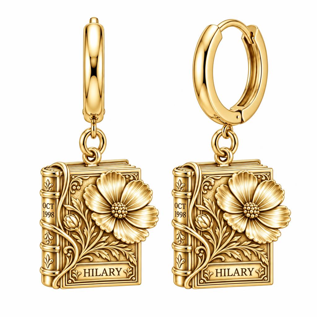 Floral Book Birthday 10 Huggie Charm Earrings – 18K gold, front view