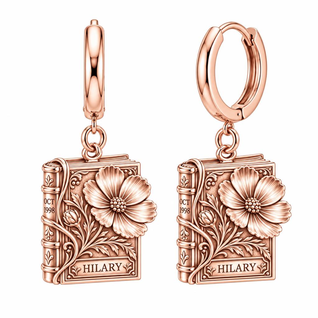 Floral Book Birthday 10 Huggie Charm Earrings – rose gold, front view