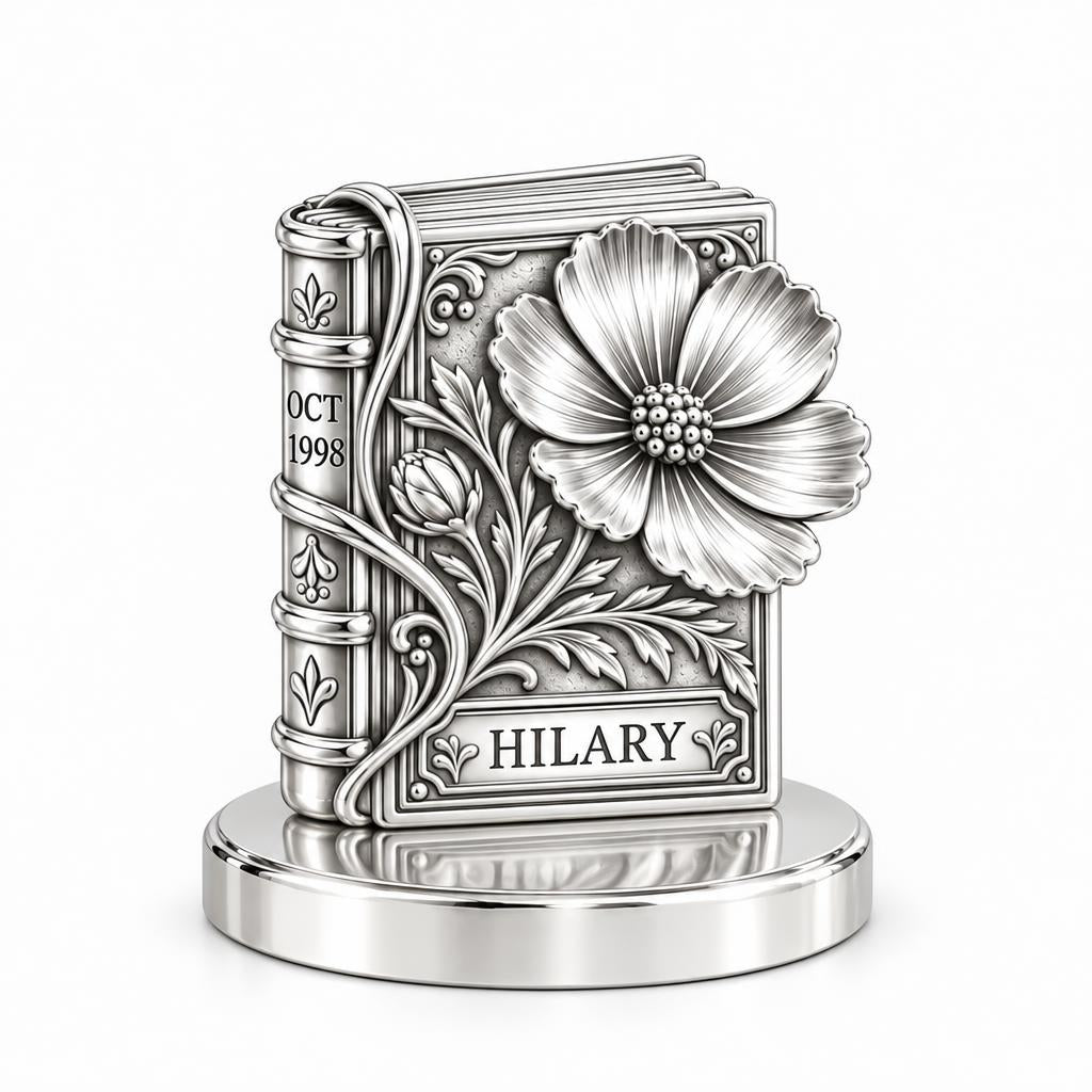 Floral Book Birthday 10 Keepsake Plaque – silver, front view