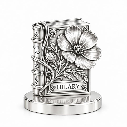 Floral Book Birthday 10 Keepsake Plaque – silver, front view