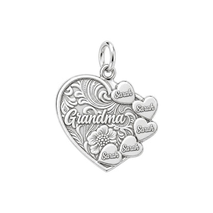 Floral Heart Garden Charm Bracelet – Personalized Grandma Gift – silver plated 2 cm charm, front view