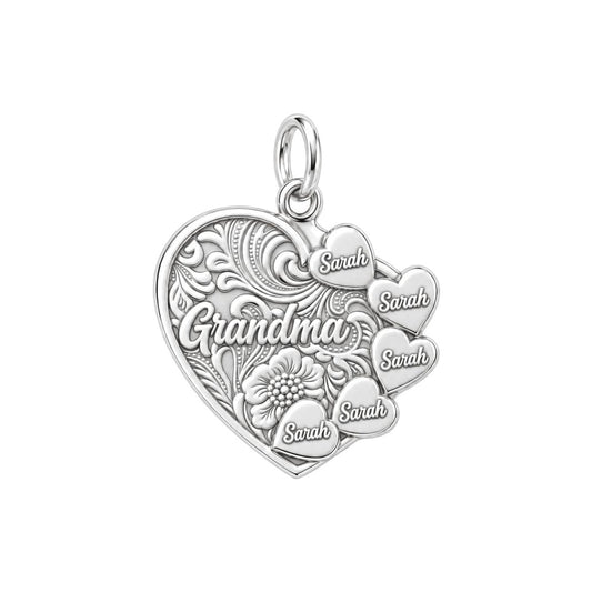 Floral Heart Garden Charm Bracelet – Personalized Grandma Gift – silver plated 3 cm charm, front view