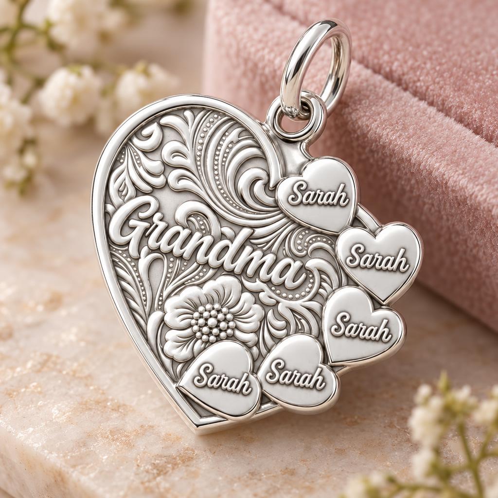 Floral Heart Garden Charm Bracelet – Personalized Grandma Gift – macro detail of the charm