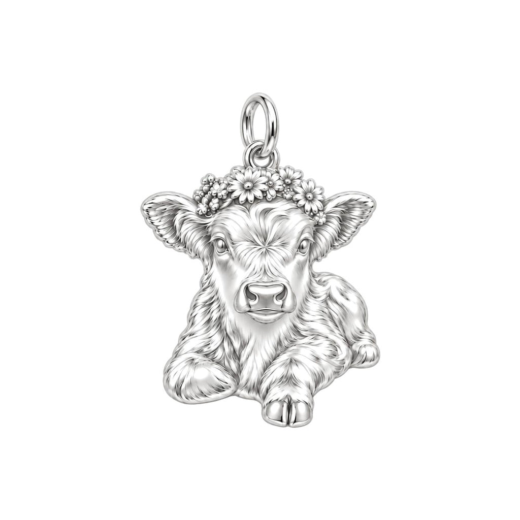 Floral Highland Calf Charm Bracelet – Personalized Mom Gift – silver charm, front view
