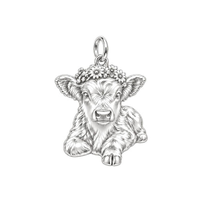 Floral Highland Calf Charm Bracelet – Personalized Mom Gift – silver charm, front view