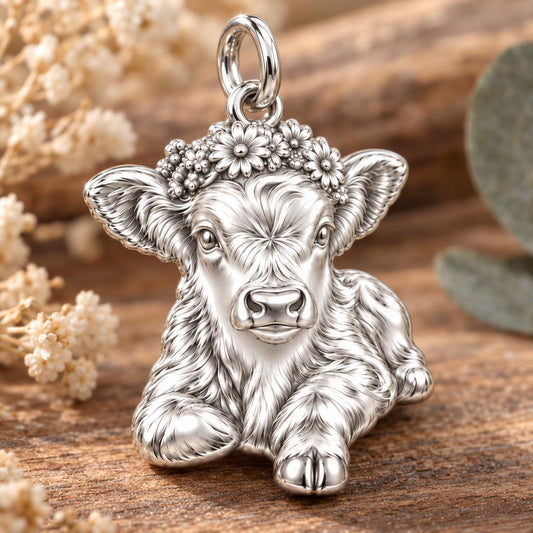 Floral Highland Calf Charm Bracelet – Personalized Mom Gift – macro detail of the charm