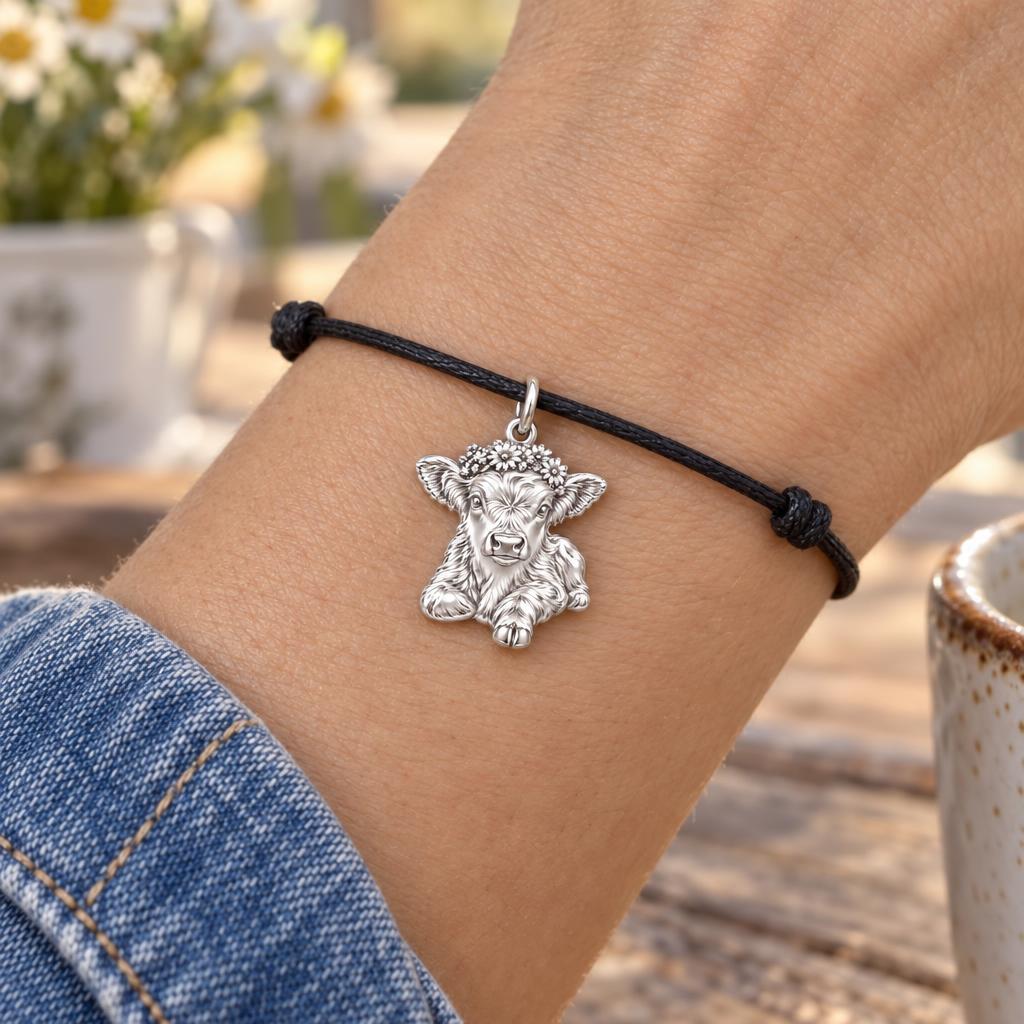 Floral Highland Calf Charm Bracelet – Personalized Mom Gift – worn on the wrist on a black cord bracelet